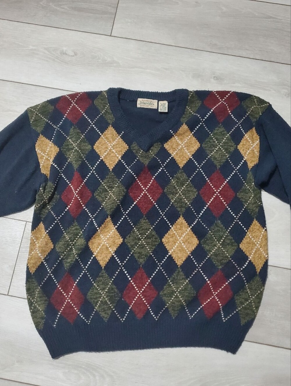Navy Argyle Crewneck Sweater with Red, Green & Gold Diamonds Academia Preppy